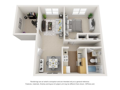 Floor plan for 1 bed, 1 bath, 750 sqft